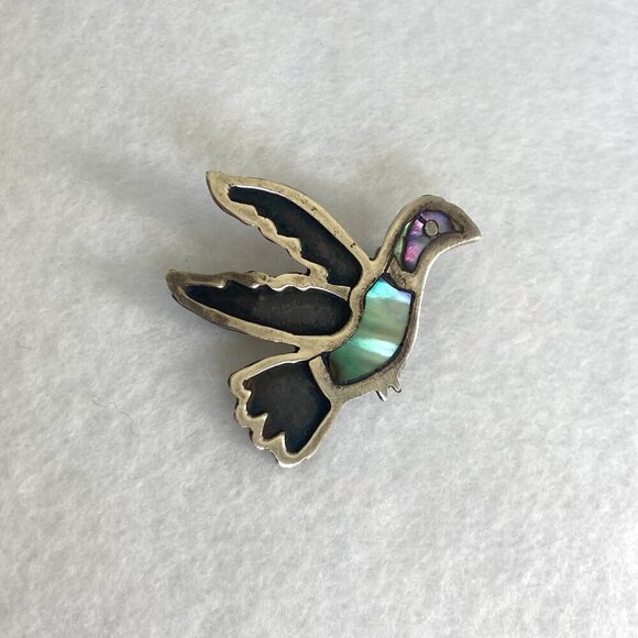 VTG Sterling Silver 925 FC Taxco Mexico Abalone Inlay Hummingbird Brooch Pin - Picture 1 of 15
